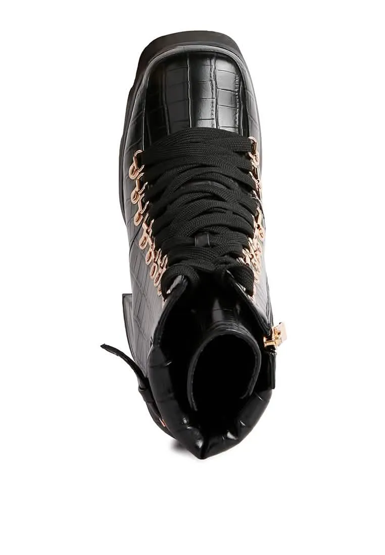 Elevated Chunky Heeled Lace-Up Combat Boots