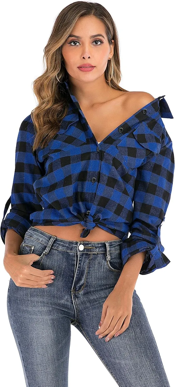 Enjoyoself Womens Plaid Flannel Shirts Casual Roll up Long Sleeve Boyfriend Button Down Checkered Shirt