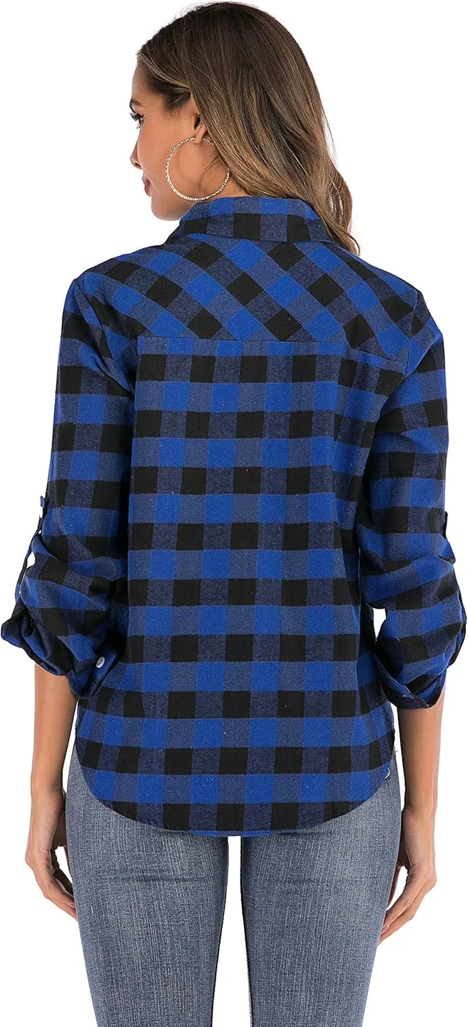 Enjoyoself Womens Plaid Flannel Shirts Casual Roll up Long Sleeve Boyfriend Button Down Checkered Shirt
