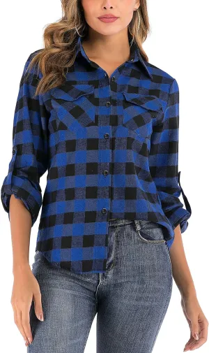 Enjoyoself Womens Plaid Flannel Shirts Casual Roll up Long Sleeve Boyfriend Button Down Checkered Shirt
