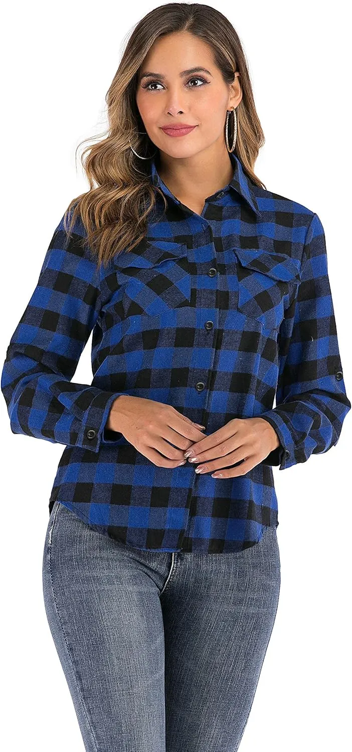 Enjoyoself Womens Plaid Flannel Shirts Casual Roll up Long Sleeve Boyfriend Button Down Checkered Shirt