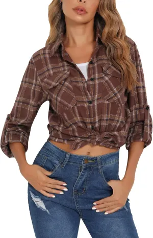 Enjoyoself Womens Plaid Flannel Shirts Casual Roll up Long Sleeve Boyfriend Button Down Checkered Shirt