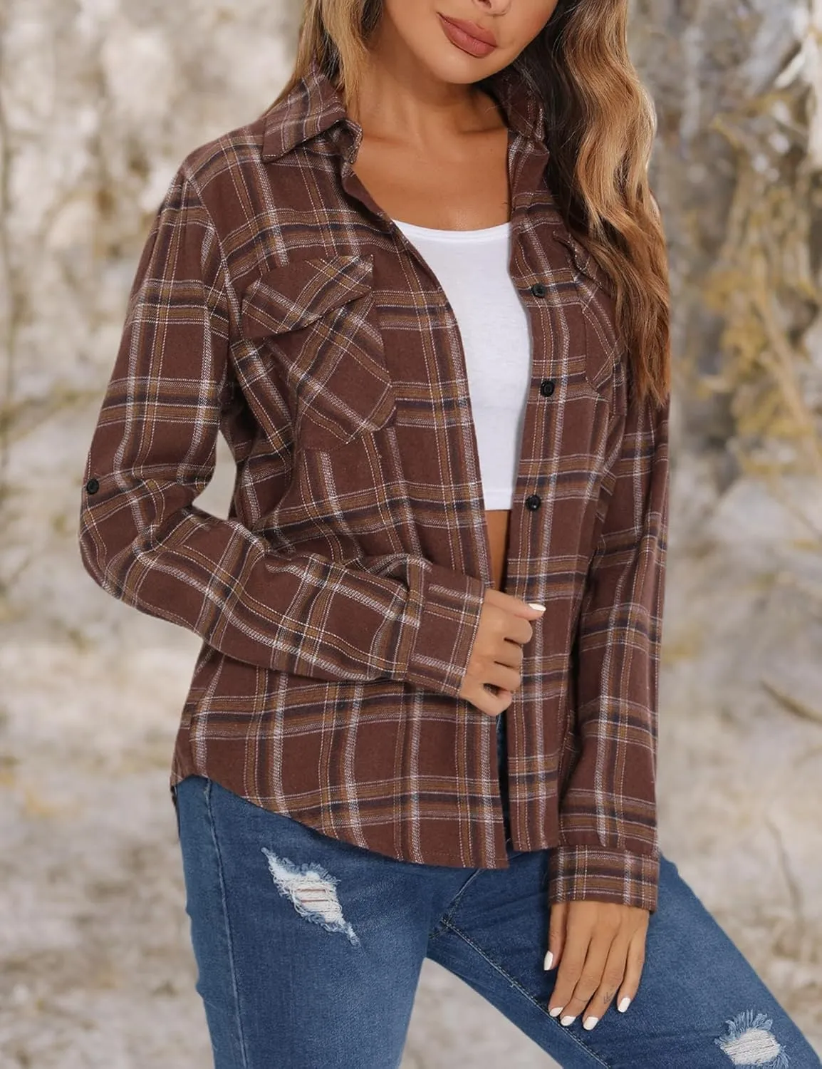 Enjoyoself Womens Plaid Flannel Shirts Casual Roll up Long Sleeve Boyfriend Button Down Checkered Shirt