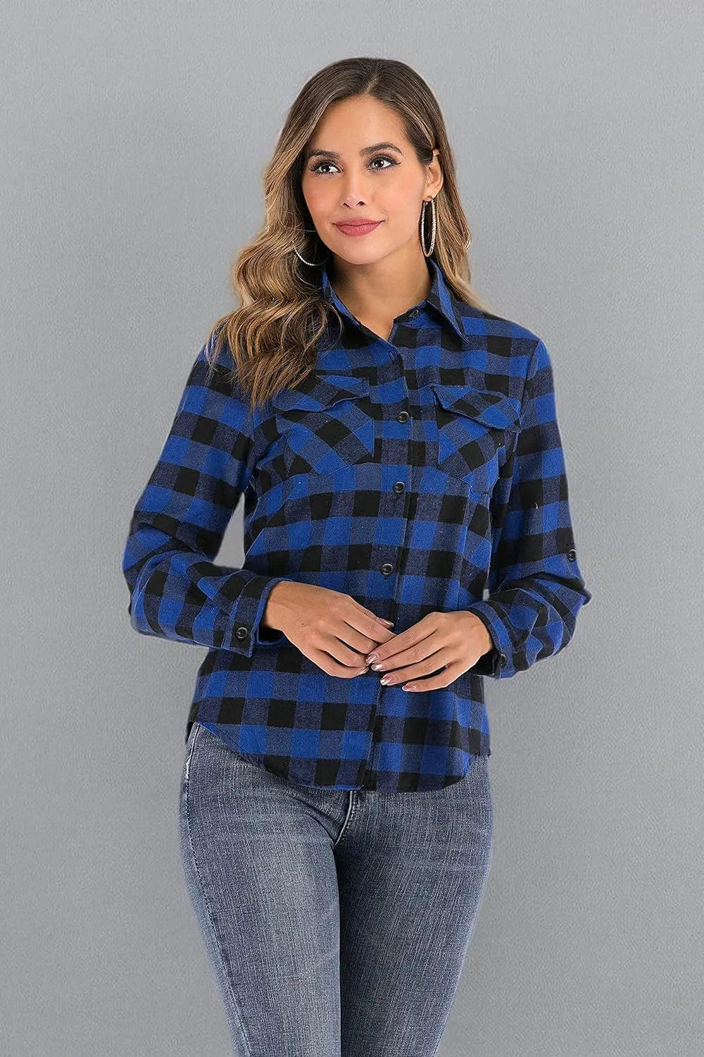 Enjoyoself Womens Plaid Flannel Shirts Casual Roll up Long Sleeve Boyfriend Button Down Checkered Shirt