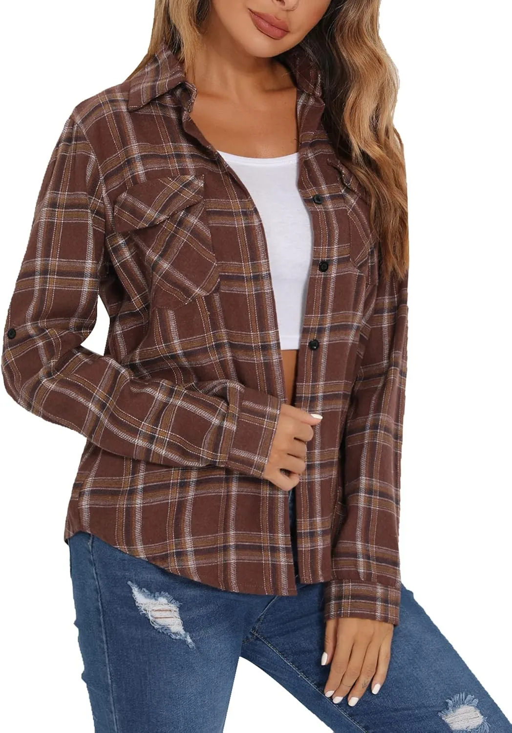 Enjoyoself Womens Plaid Flannel Shirts Casual Roll up Long Sleeve Boyfriend Button Down Checkered Shirt