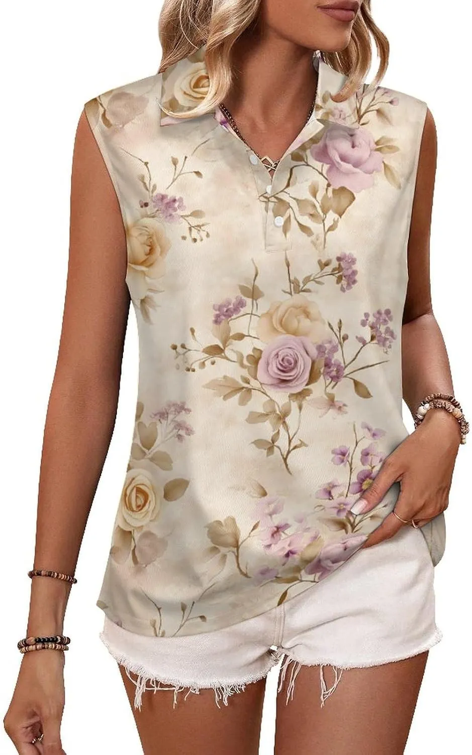 ENLACHIC Women's Golf Shirts Sleeveless Floral Printed Collar V Neck Tank Tops Quick Dry Athletic Tennis Polo Shirt
