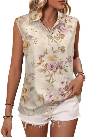 ENLACHIC Women's Golf Shirts Sleeveless Floral Printed Collar V Neck Tank Tops Quick Dry Athletic Tennis Polo Shirt