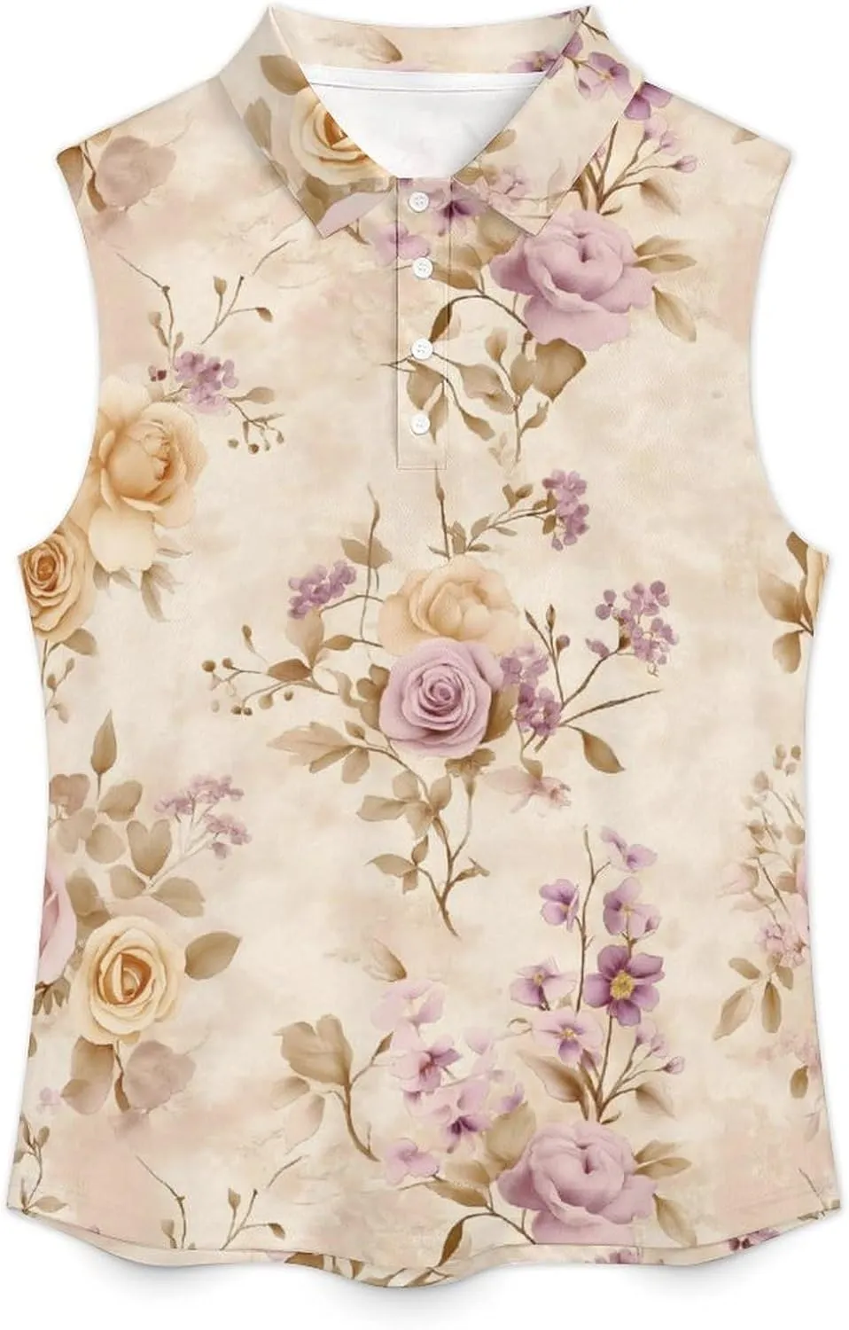 ENLACHIC Women's Golf Shirts Sleeveless Floral Printed Collar V Neck Tank Tops Quick Dry Athletic Tennis Polo Shirt