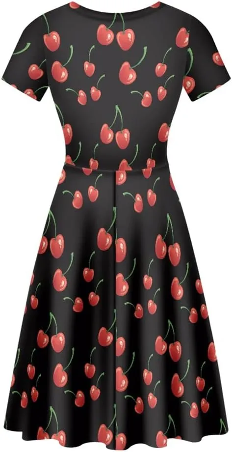 ENLACHIC Women's Summer Floral Lemon Print Dress Short Sleeve Swing T Shirt Midi Dresses