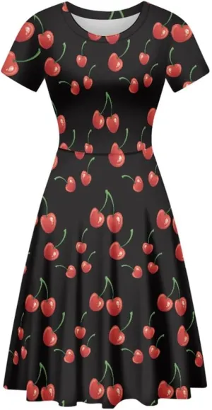 ENLACHIC Women's Summer Floral Lemon Print Dress Short Sleeve Swing T Shirt Midi Dresses