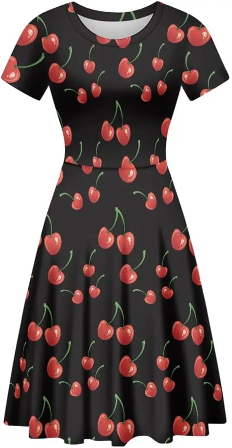 ENLACHIC Women's Summer Floral Lemon Print Dress Short Sleeve Swing T Shirt Midi Dresses