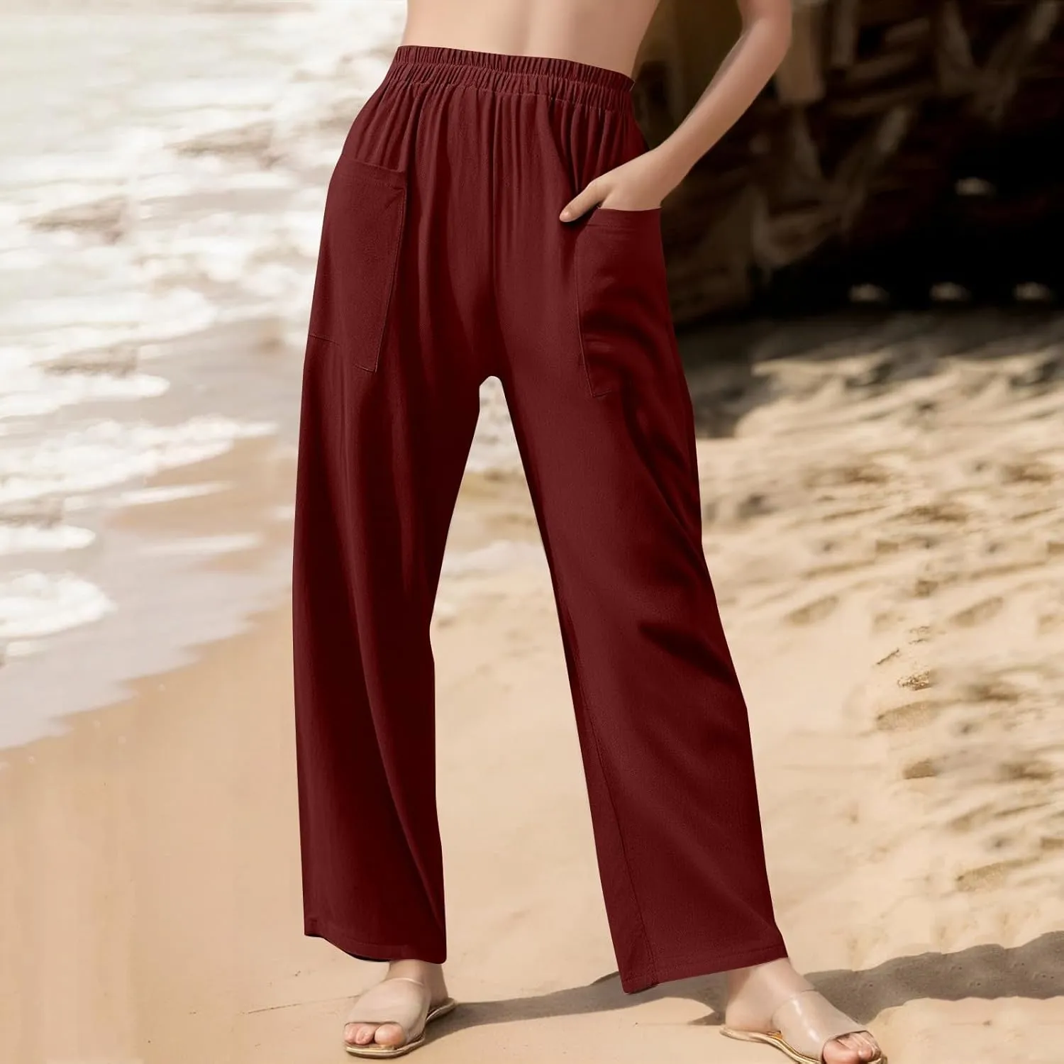 fanmpghleoo Linen Pants Women Summer Elastic High Waisted Wide Leg Linen Pants for Women 2025 Comfy Lounge Pants with Pockets