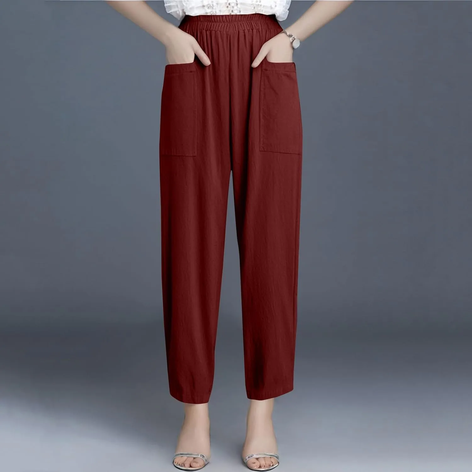 fanmpghleoo Linen Pants Women Summer Elastic High Waisted Wide Leg Linen Pants for Women 2025 Comfy Lounge Pants with Pockets