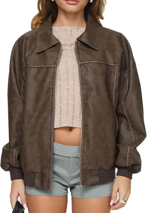 FEORJGP Womens PU Leather Biker Jacket Coat Windbreaker Faux Fur Jacket Outerwear Coat Motorcycle Jacket Y2K 90s Streetwear