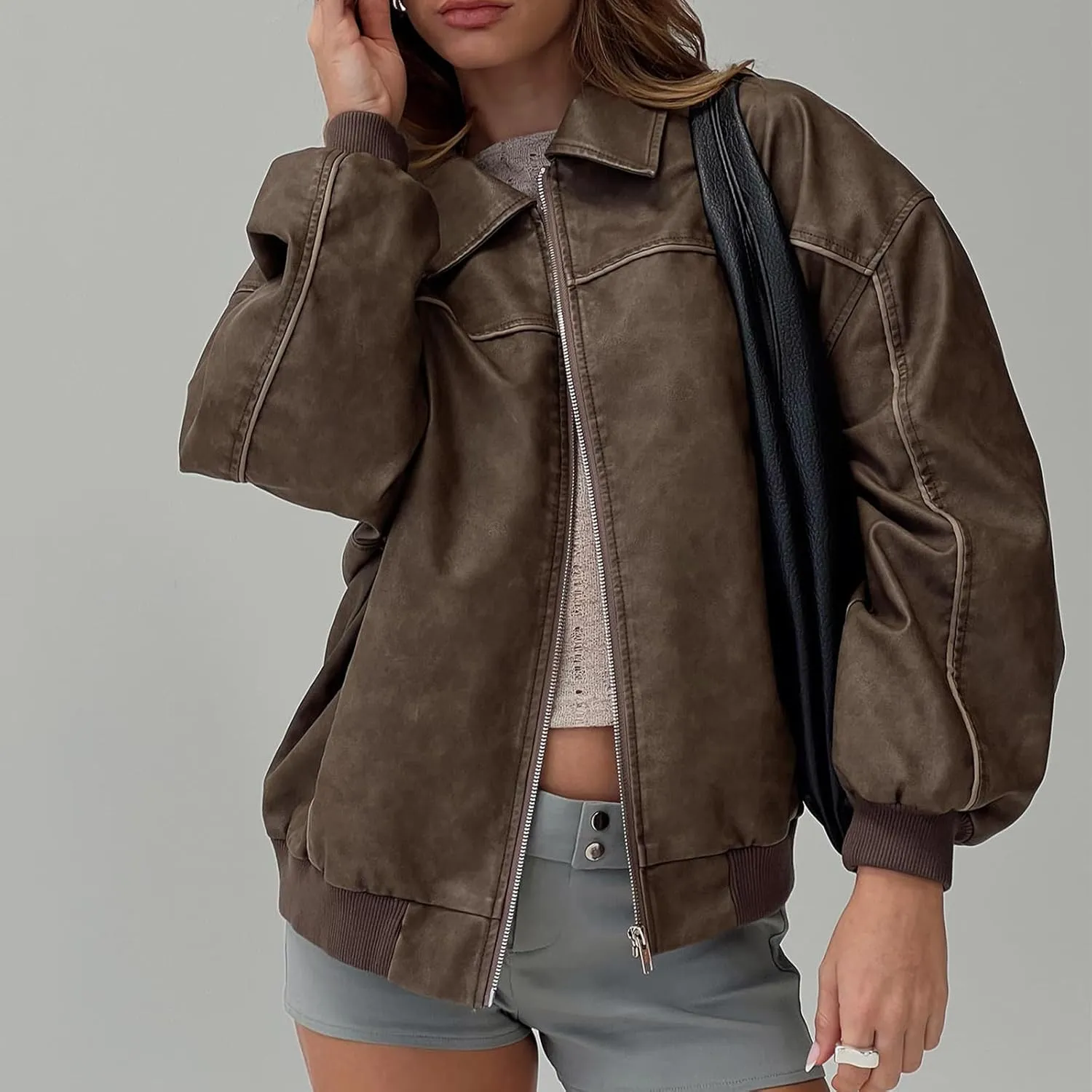 FEORJGP Womens PU Leather Biker Jacket Coat Windbreaker Faux Fur Jacket Outerwear Coat Motorcycle Jacket Y2K 90s Streetwear