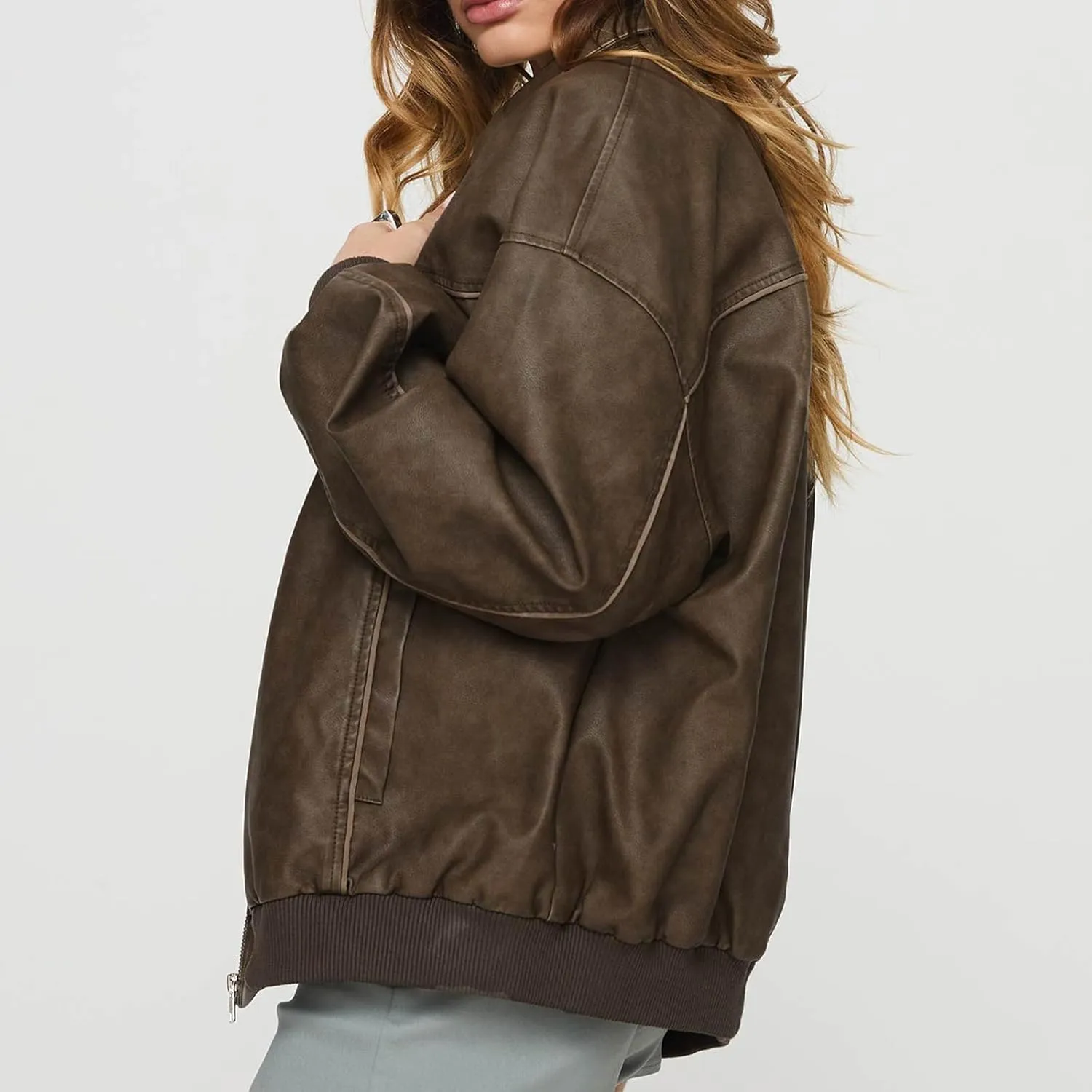 FEORJGP Womens PU Leather Biker Jacket Coat Windbreaker Faux Fur Jacket Outerwear Coat Motorcycle Jacket Y2K 90s Streetwear