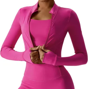 FEOYA Women Long Sleeve Full Zip Workout Crop Jacket Slim Fit Turtleneck Thumbhole Sports Track Jacket Ultra Short 2023