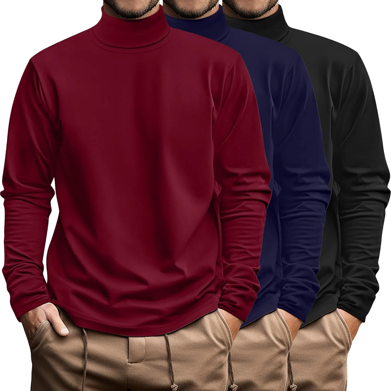 Ficerd 3 Pack Men's Big and Tall Turtleneck Shirts Cotton Long Sleeve Turtle Neck Tops Plus Size Loose Fit Basic Tee