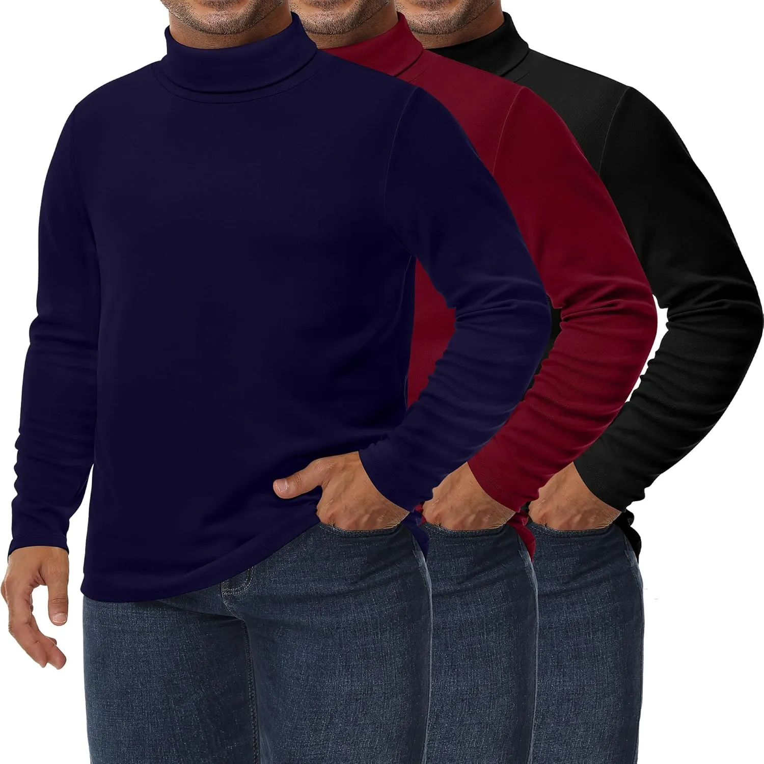 Ficerd 3 Pack Men's Big and Tall Turtleneck Shirts Cotton Long Sleeve Turtle Neck Tops Plus Size Loose Fit Basic Tee