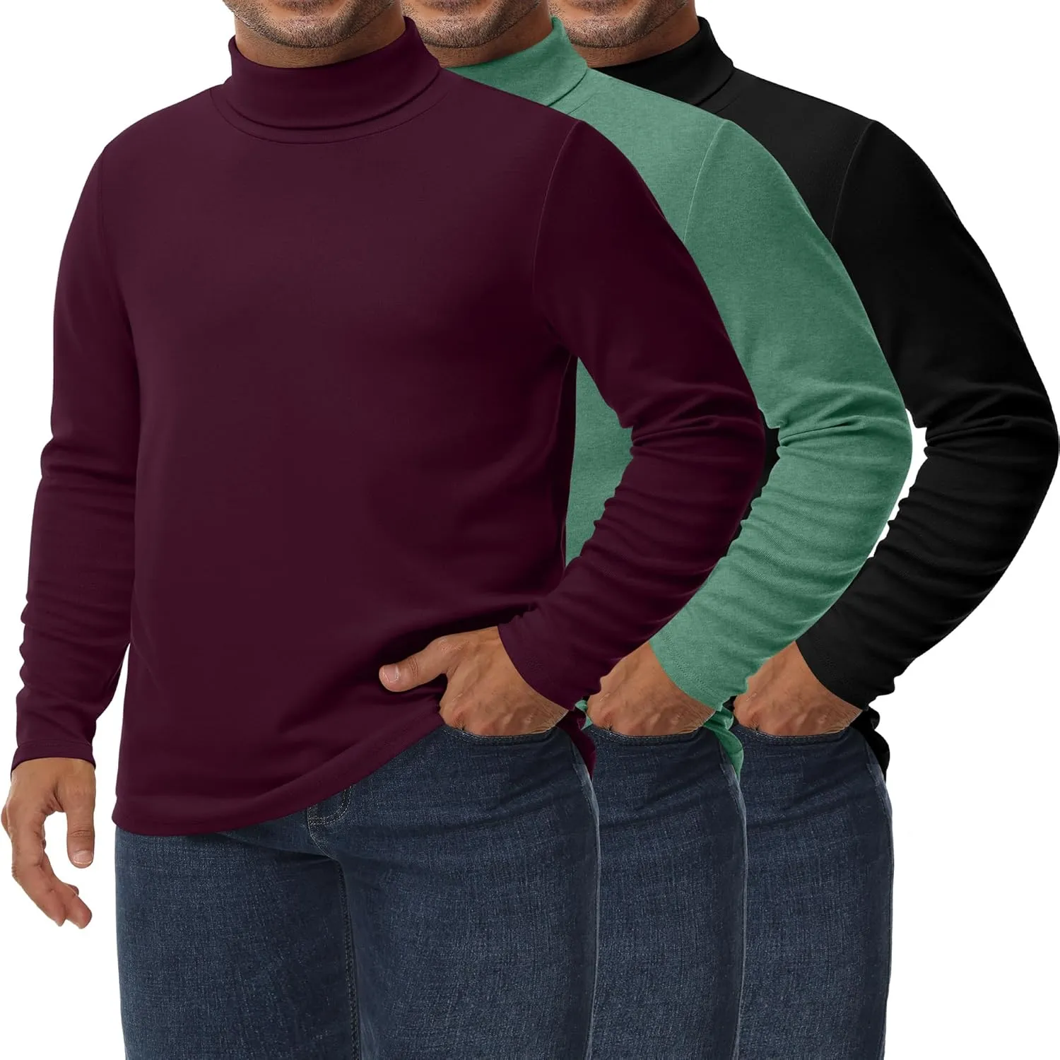 Ficerd 3 Pack Men's Big and Tall Turtleneck Shirts Cotton Long Sleeve Turtle Neck Tops Plus Size Loose Fit Basic Tee