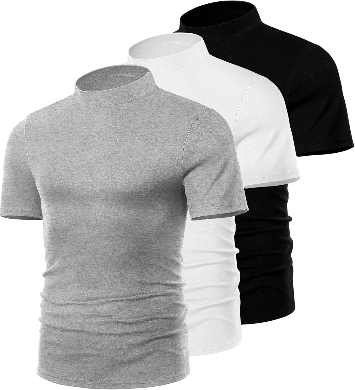 Ficerd 3 Pack Men's Mock Neck T Shirts, Cotton Short Sleeve Turtleneck Tee Shirts Slim Fit Basic Casual Solid Undershirt Tops