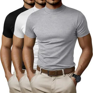Ficerd 3 Pack Men's Mock Neck T Shirts, Cotton Short Sleeve Turtleneck Tee Shirts Slim Fit Basic Casual Solid Undershirt Tops
