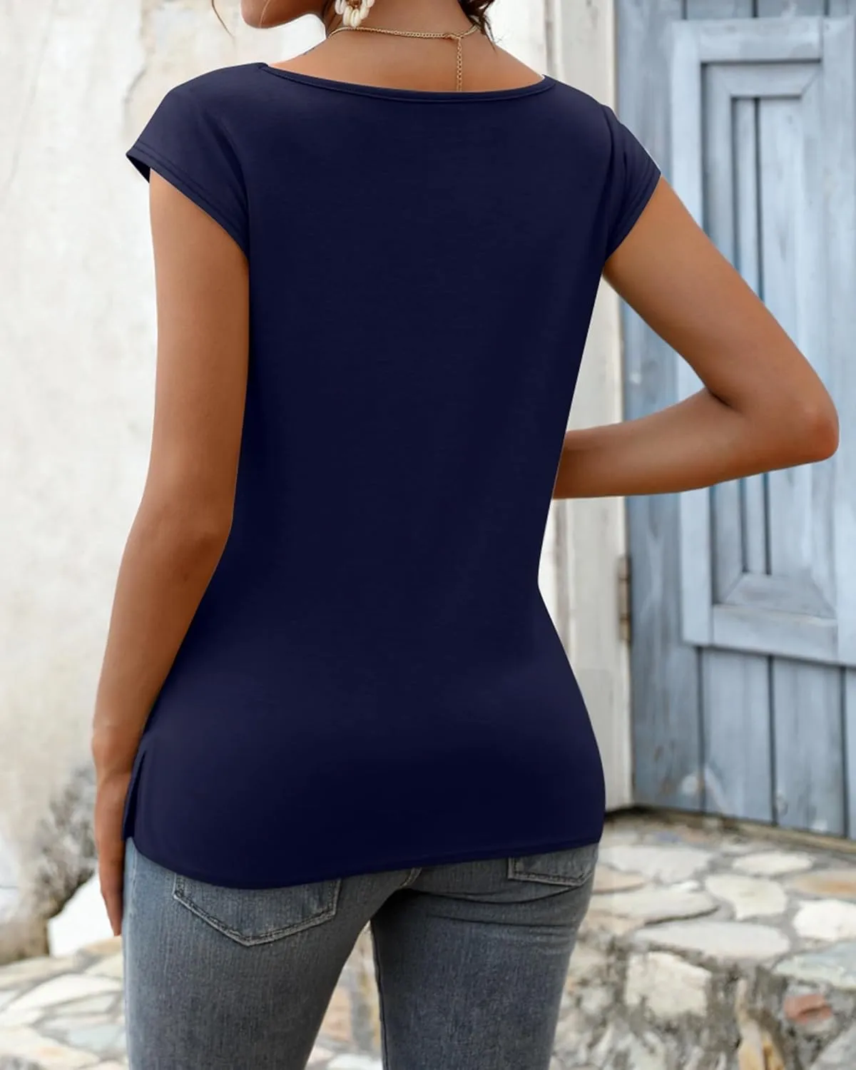 Ficerd 3 Pack Women's Cap Sleeve Tank Tops V Neck Loose Fit Cotton Summer Casual T Shirts Basic Tee Beach Vacation Clothes