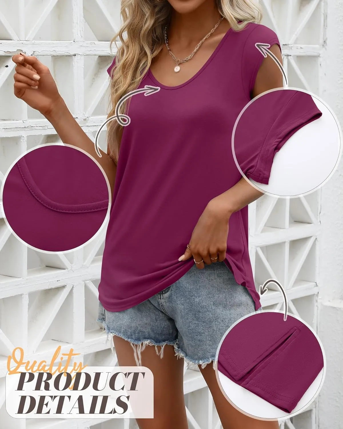 Ficerd 3 Pack Women's Cap Sleeve Tank Tops V Neck Loose Fit Cotton Summer Casual T Shirts Basic Tee Beach Vacation Clothes