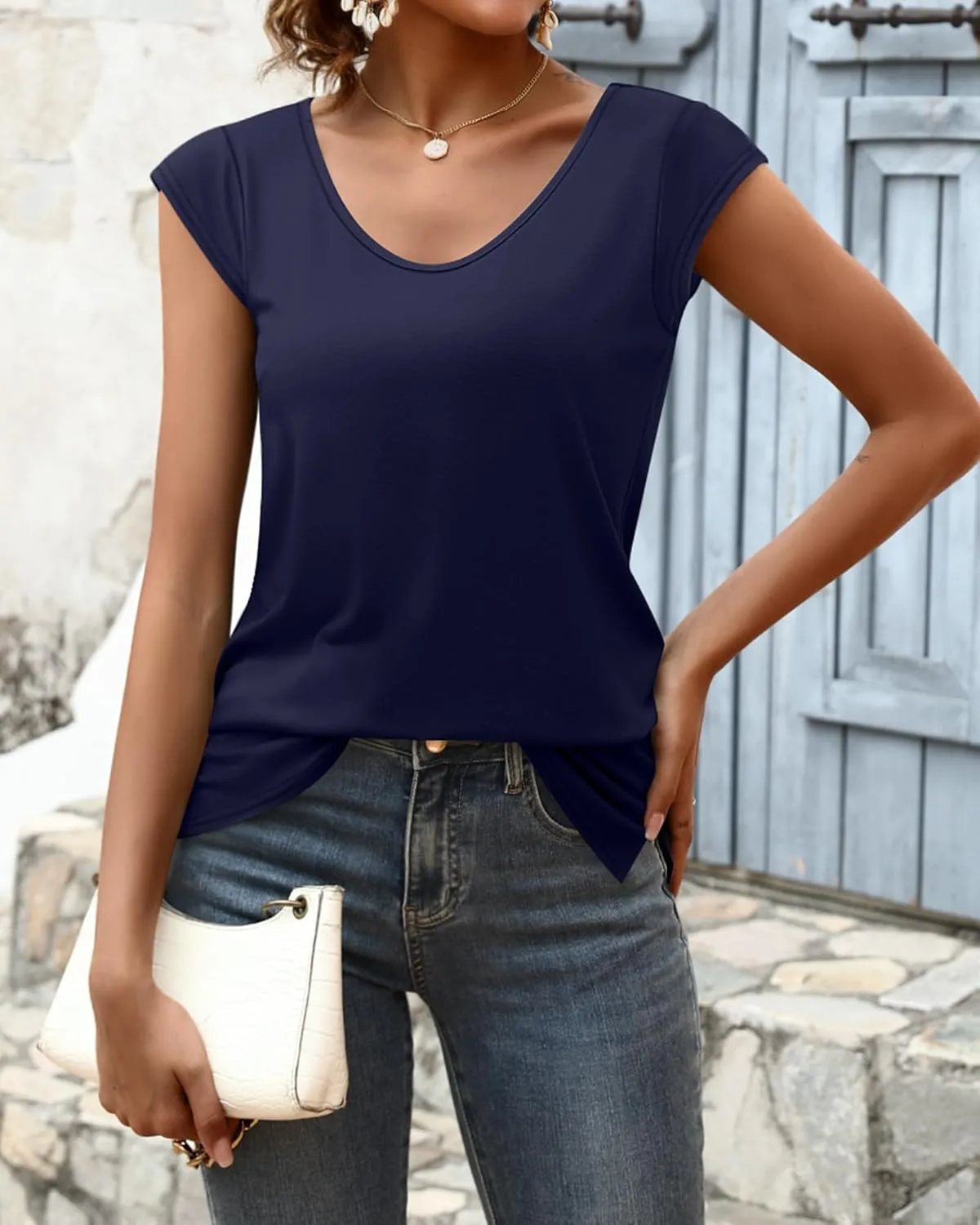 Ficerd 3 Pack Women's Cap Sleeve Tank Tops V Neck Loose Fit Cotton Summer Casual T Shirts Basic Tee Beach Vacation Clothes