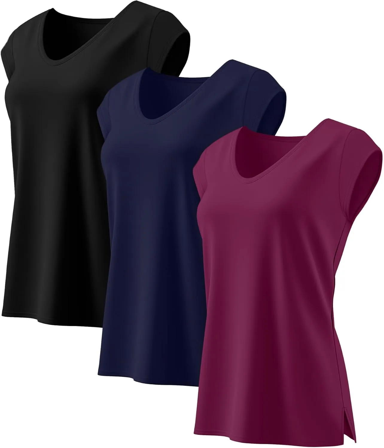 Ficerd 3 Pack Women's Cap Sleeve Tank Tops V Neck Loose Fit Cotton Summer Casual T Shirts Basic Tee Beach Vacation Clothes