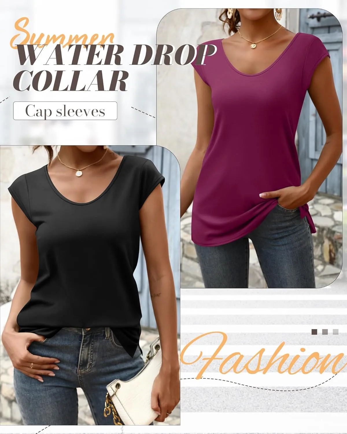 Ficerd 3 Pack Women's Cap Sleeve Tank Tops V Neck Loose Fit Cotton Summer Casual T Shirts Basic Tee Beach Vacation Clothes