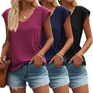 Ficerd 3 Pack Women's Cap Sleeve Tank Tops V Neck Loose Fit Cotton Summer Casual T Shirts Basic Tee Beach Vacation Clothes