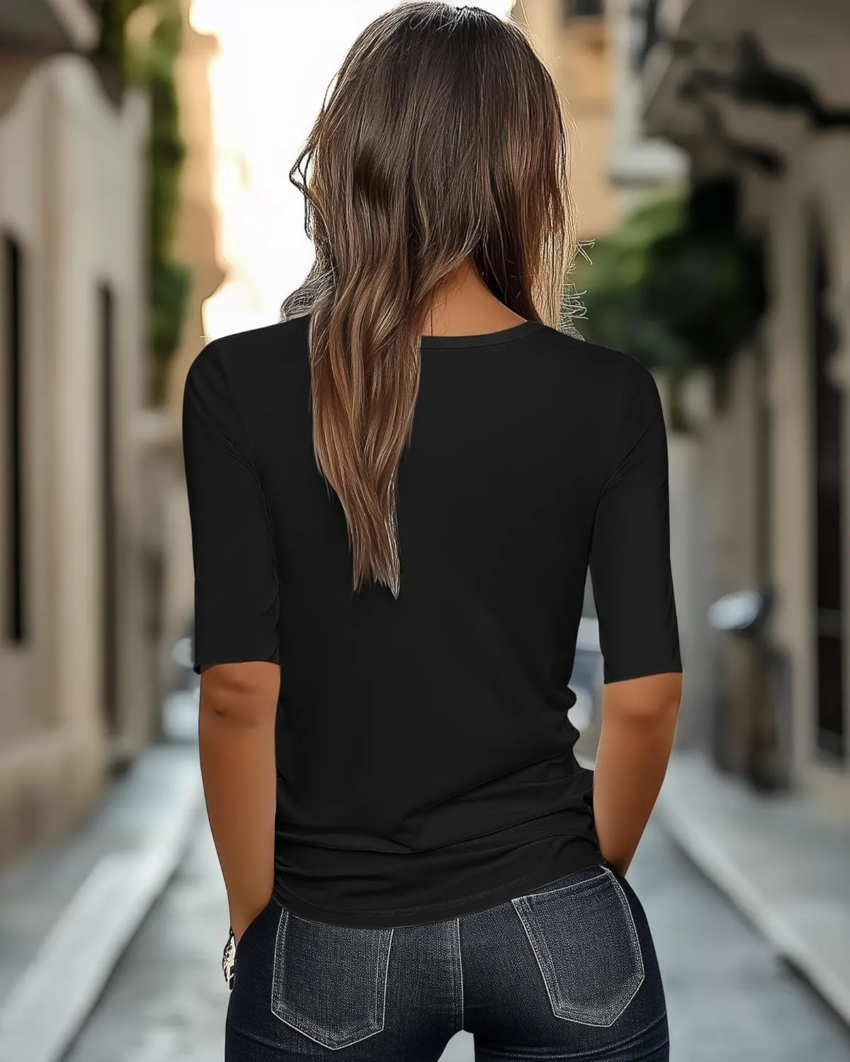 Ficerd 3 Pack Women's Half Sleeve V Neck T Shirts, Cotton Elbow Length Sleeve Shirt Slim Fit Tunic Top Casual Summer Tee