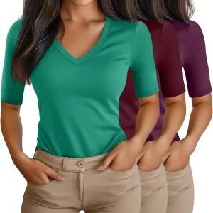 Ficerd 3 Pack Women's Half Sleeve V Neck T Shirts, Cotton Elbow Length Sleeve Shirt Slim Fit Tunic Top Casual Summer Tee