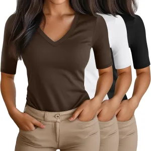 Ficerd 3 Pack Women's Half Sleeve V Neck T Shirts, Cotton Elbow Length Sleeve Shirt Slim Fit Tunic Top Casual Summer Tee