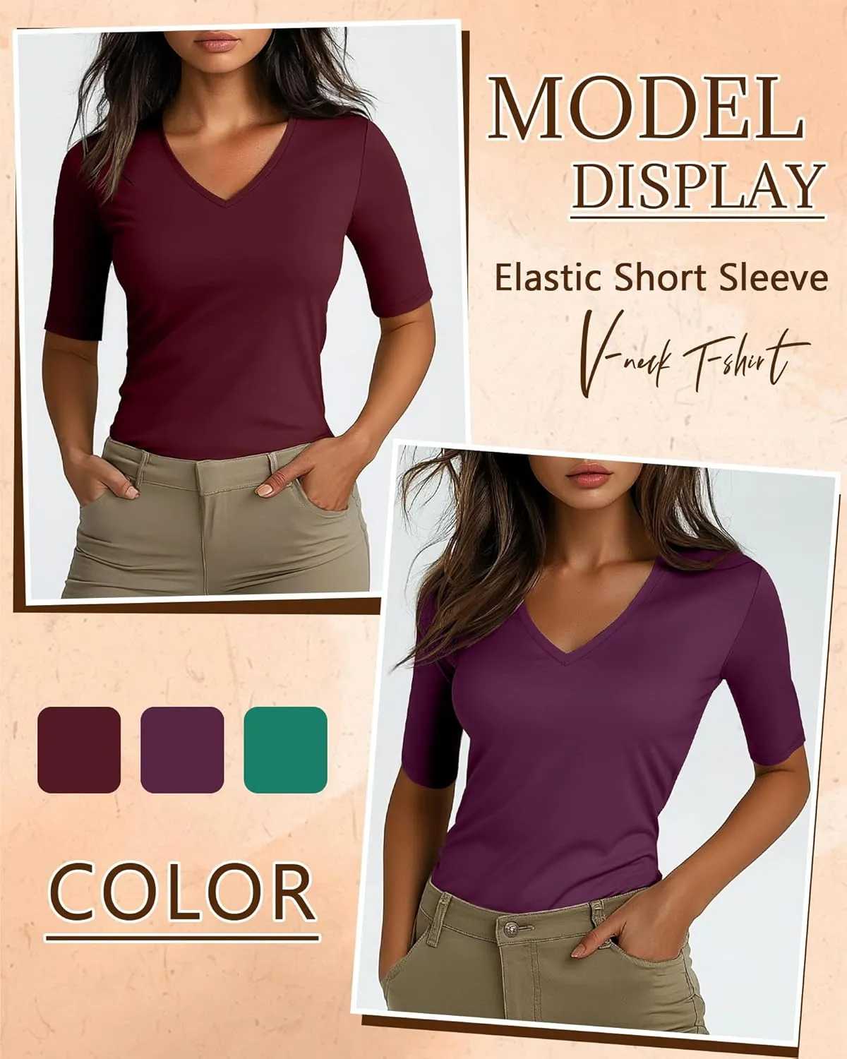 Ficerd 3 Pack Women's Half Sleeve V Neck T Shirts, Cotton Elbow Length Sleeve Shirt Slim Fit Tunic Top Casual Summer Tee