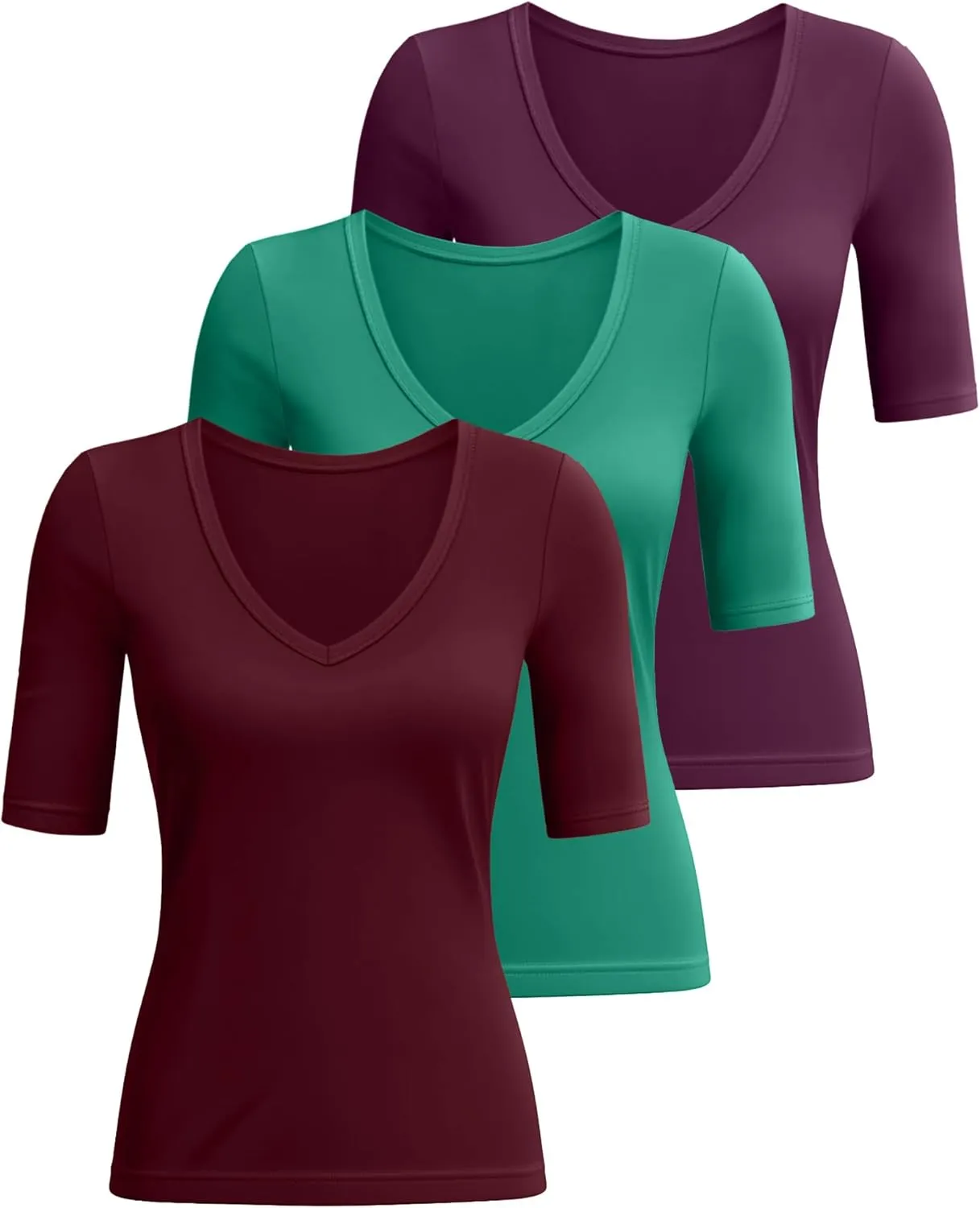 Ficerd 3 Pack Women's Half Sleeve V Neck T Shirts, Cotton Elbow Length Sleeve Shirt Slim Fit Tunic Top Casual Summer Tee