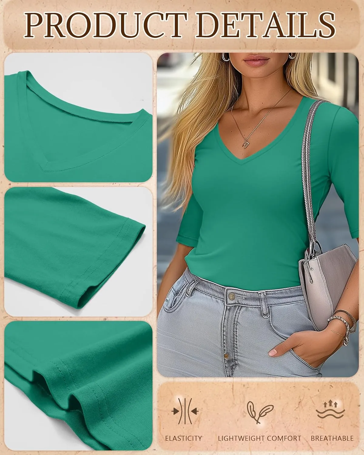 Ficerd 3 Pack Women's Half Sleeve V Neck T Shirts, Cotton Elbow Length Sleeve Shirt Slim Fit Tunic Top Casual Summer Tee