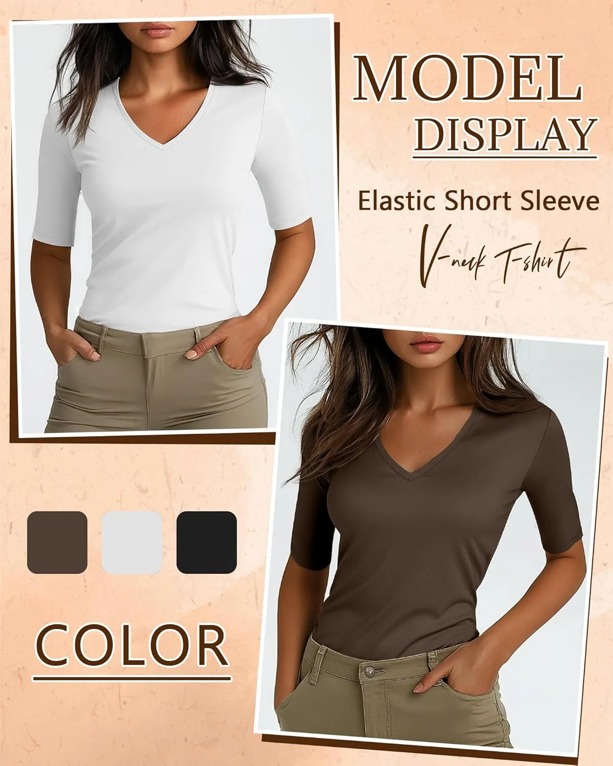 Ficerd 3 Pack Women's Half Sleeve V Neck T Shirts, Cotton Elbow Length Sleeve Shirt Slim Fit Tunic Top Casual Summer Tee