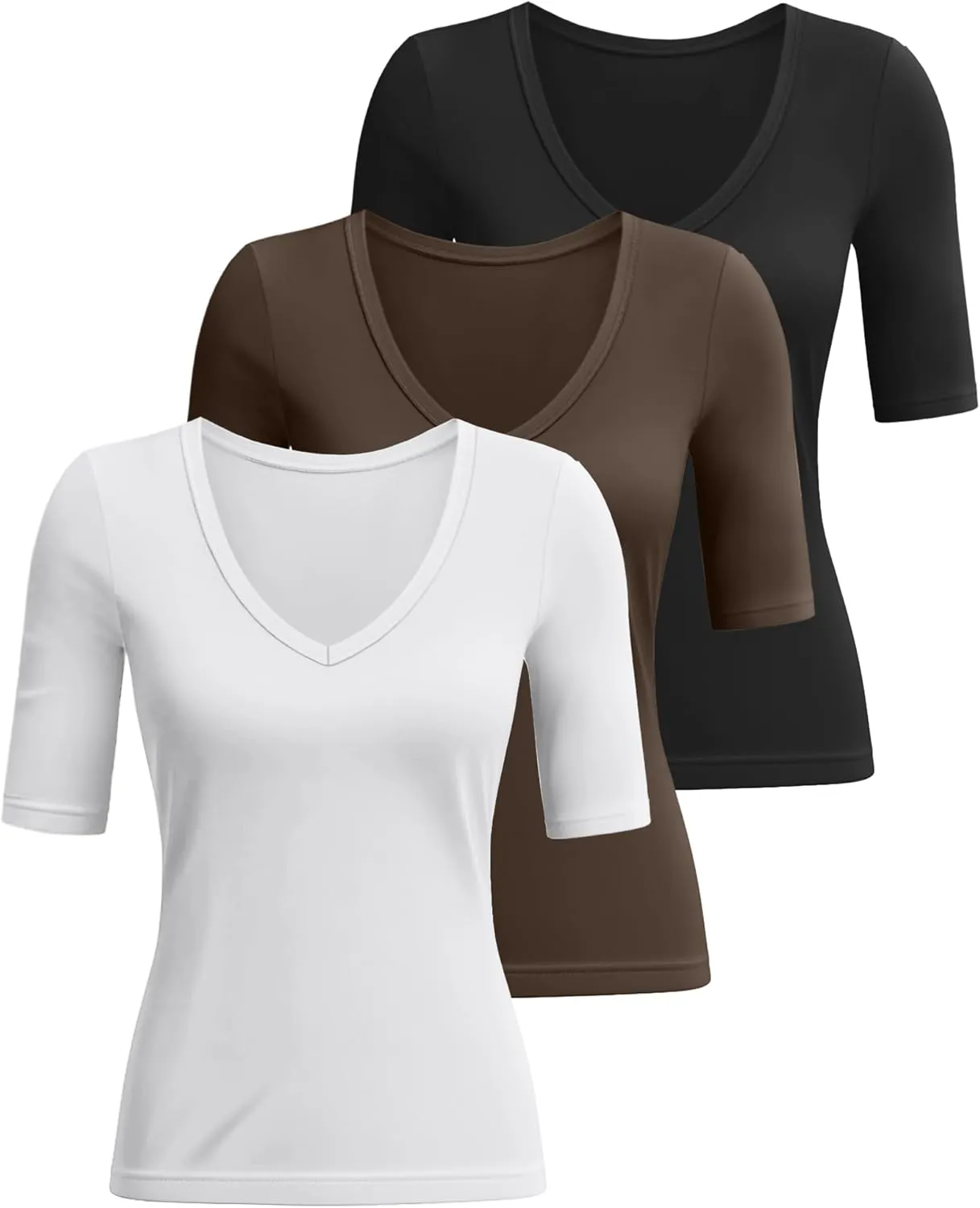 Ficerd 3 Pack Women's Half Sleeve V Neck T Shirts, Cotton Elbow Length Sleeve Shirt Slim Fit Tunic Top Casual Summer Tee