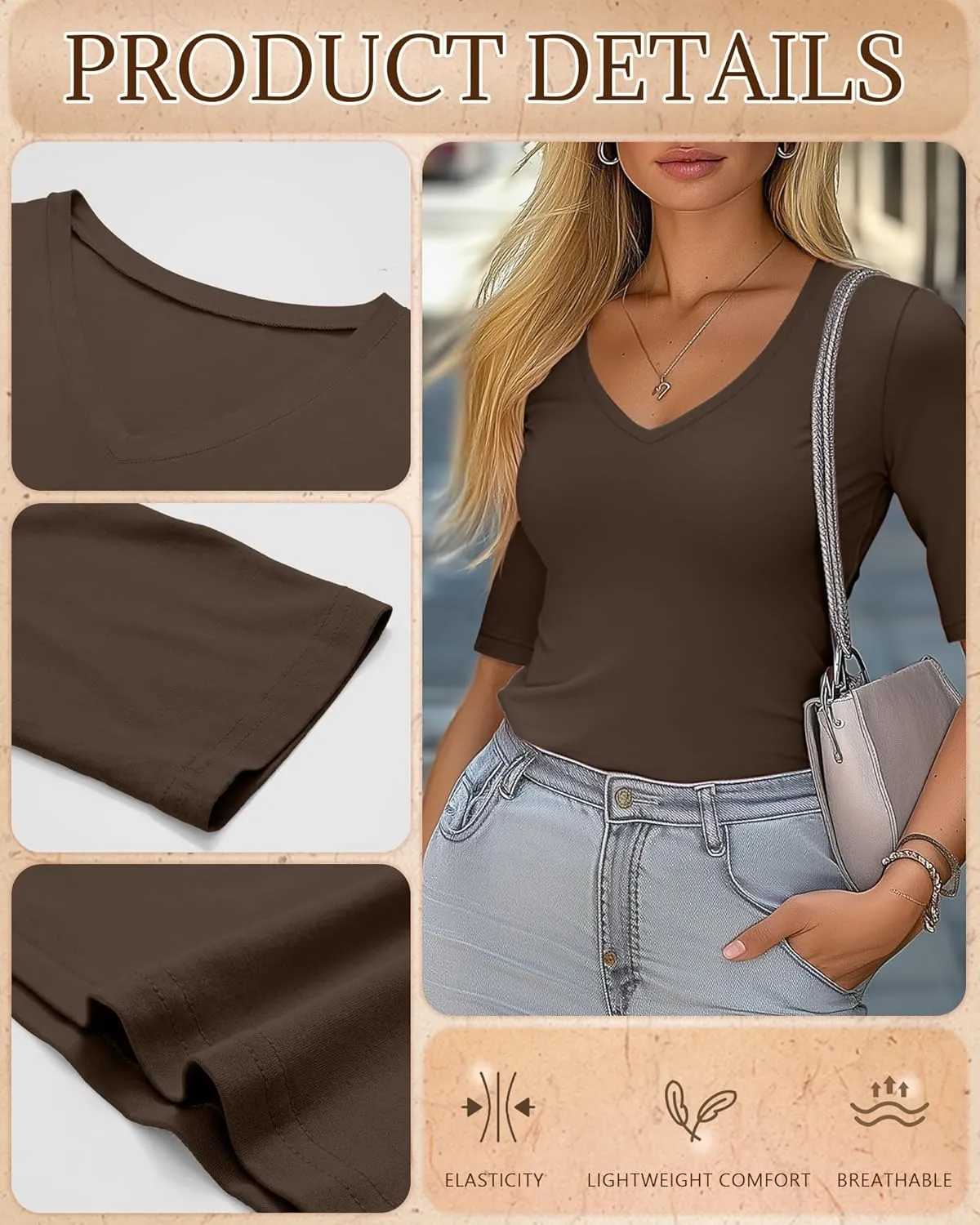 Ficerd 3 Pack Women's Half Sleeve V Neck T Shirts, Cotton Elbow Length Sleeve Shirt Slim Fit Tunic Top Casual Summer Tee