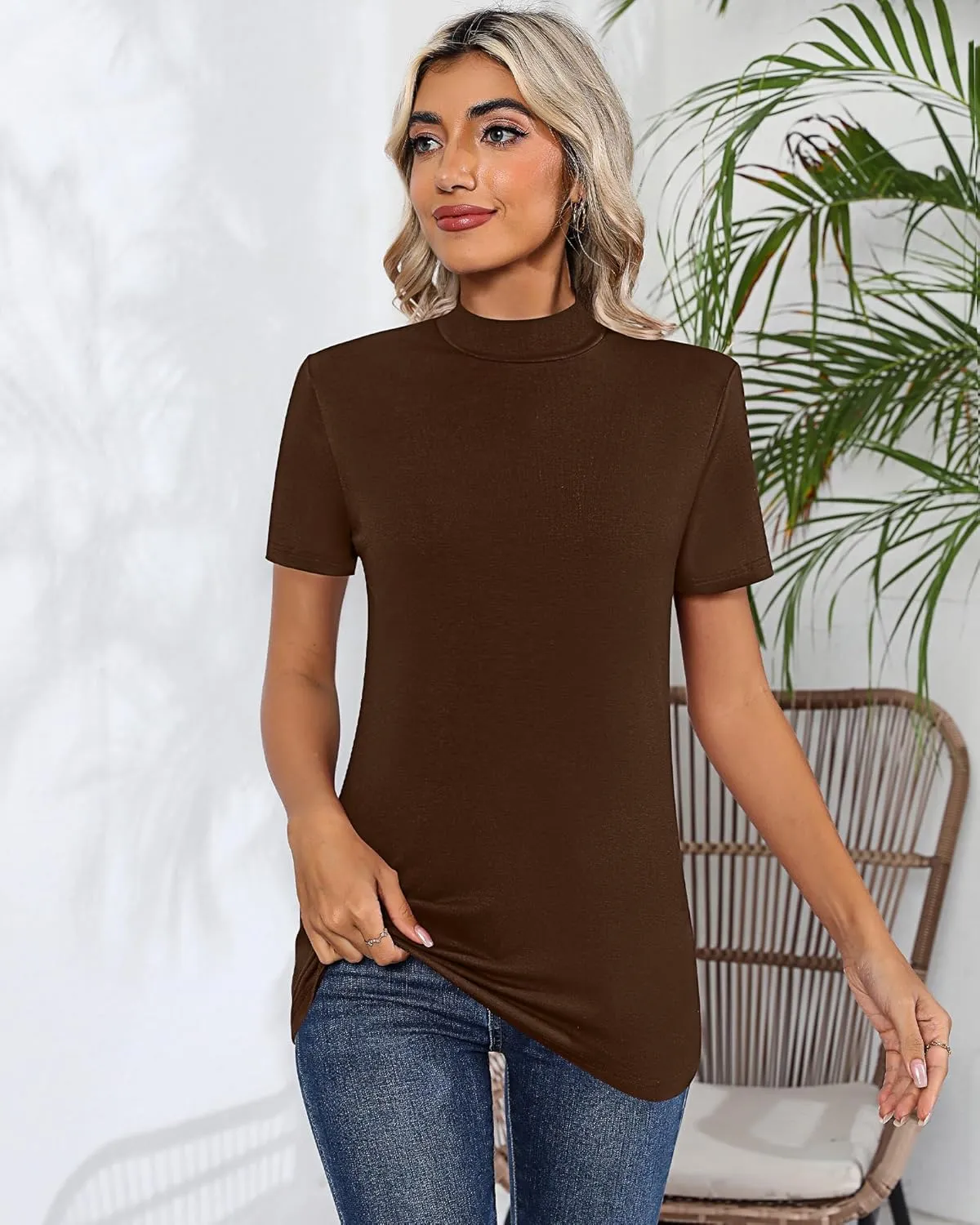 Ficerd 3 Pack Women's Mock Neck Shirts, Short Sleeve Turtleneck Tops Casual Comfy T Shirts Stretch Fitting Trendy Tee Blouse