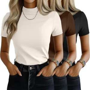 Ficerd 3 Pack Women's Mock Neck Shirts, Short Sleeve Turtleneck Tops Casual Comfy T Shirts Stretch Fitting Trendy Tee Blouse