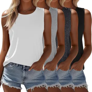 Ficerd 4 Pack Women's Sleeveless Tops, Casual Summer Loose Fit T Shirts Solid Color Tunic Tank Tops Ladies' Crew Neck Tee