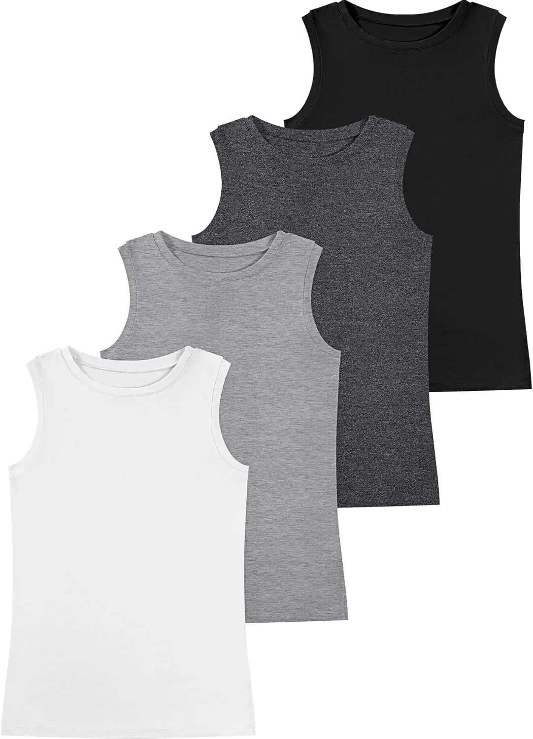 Ficerd 4 Pack Women's Sleeveless Tops, Casual Summer Loose Fit T Shirts Solid Color Tunic Tank Tops Ladies' Crew Neck Tee