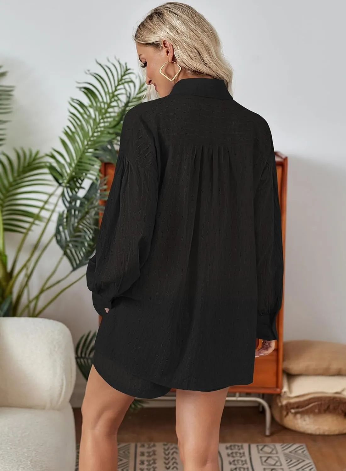Fixmatti 2 Piece Outfits Long Sleeve Button Down Shirt and Shorts Sweatsuit Lounge Sets