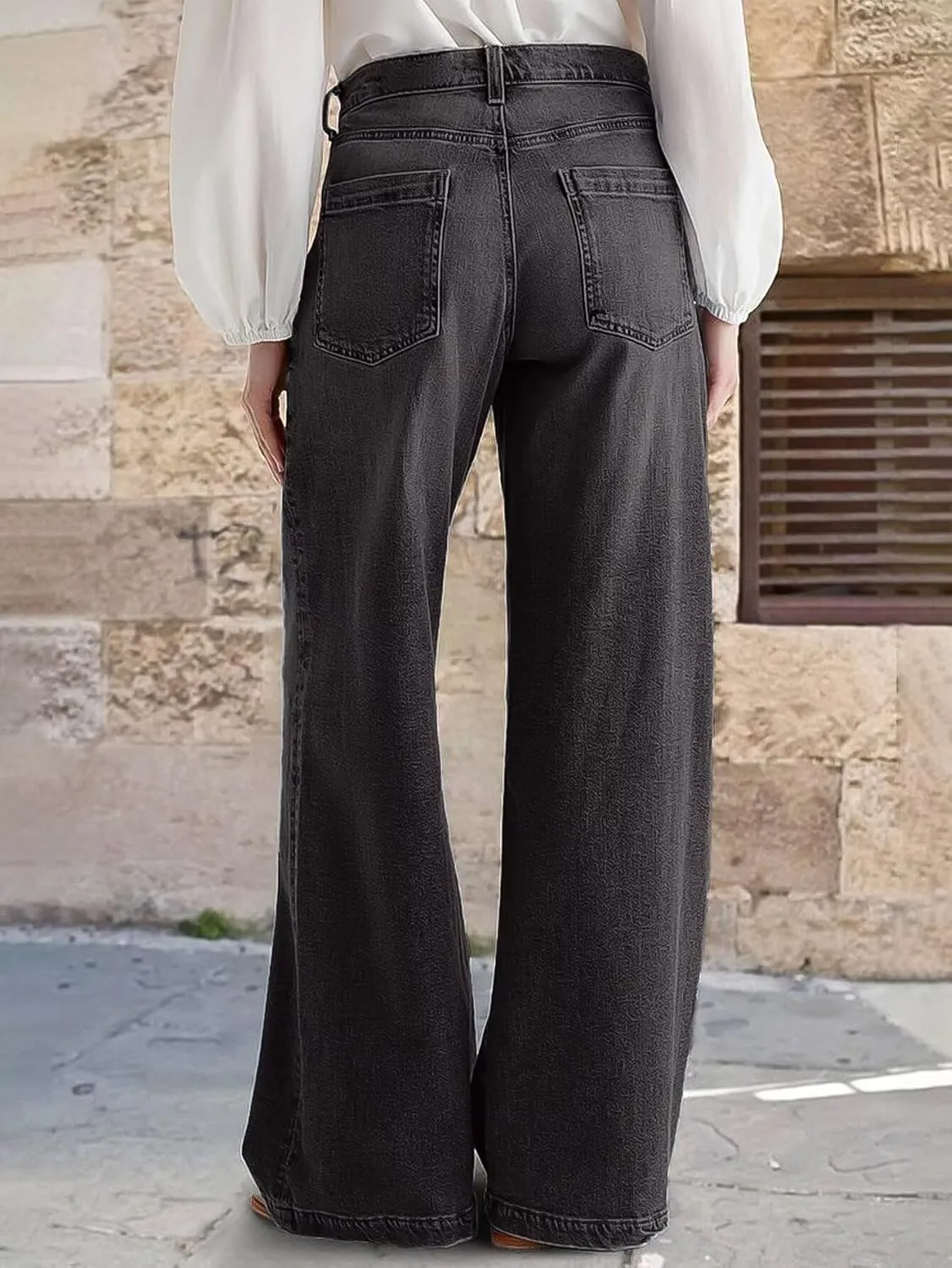 Flamingals Wide Leg Jeans for Women Mid Waist Baggy Stitch Decor Denim Washed Pants Without Belt