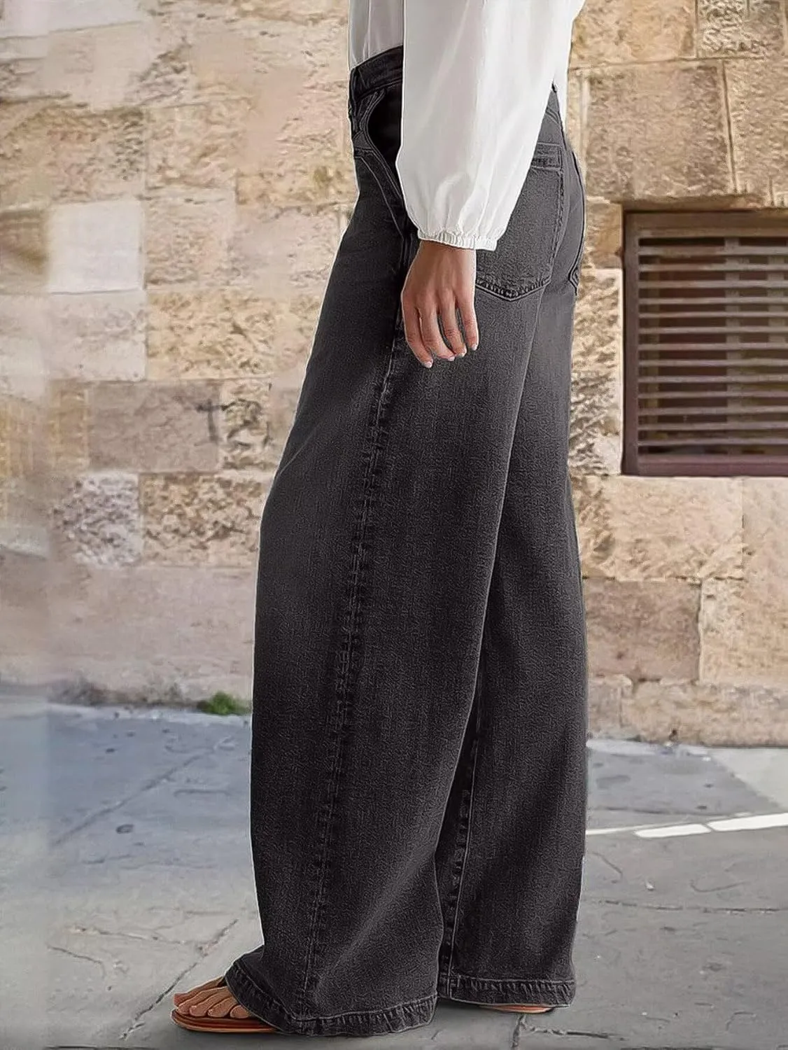 Flamingals Wide Leg Jeans for Women Mid Waist Baggy Stitch Decor Denim Washed Pants Without Belt