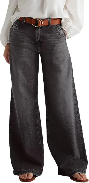 Flamingals Wide Leg Jeans for Women Mid Waist Baggy Stitch Decor Denim Washed Pants Without Belt