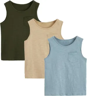 Floerns Boy's 3 Pcs Sleeveless Crew Neck Pocket Casual Solid Tank Top